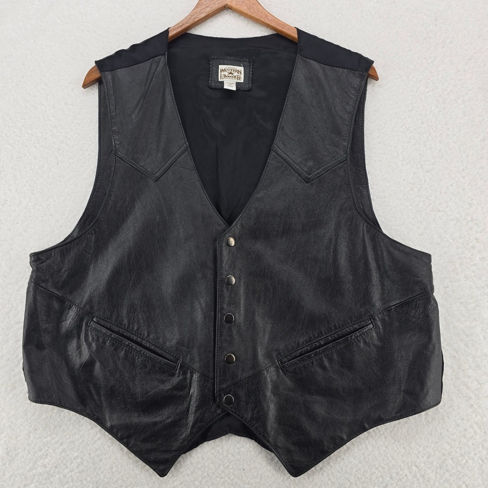 Western Frontier Mens Genuine Leather Vest XL Black Snap Pockets‎ Cowboy Style